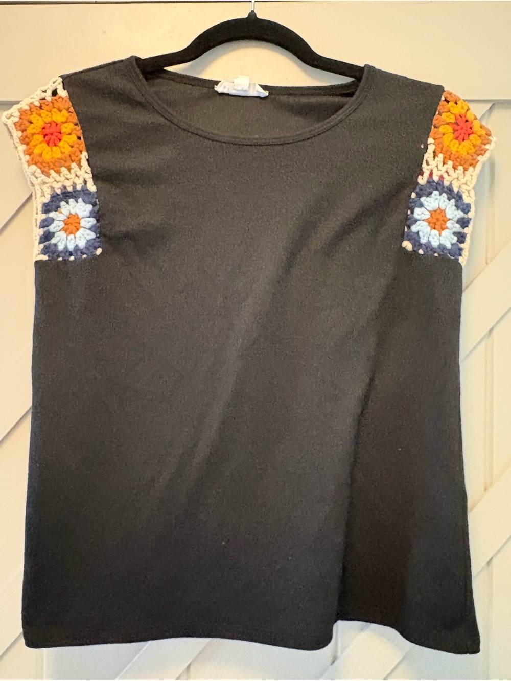 THML Black Tank Top with Multicolor Crochet Shoulder Squares